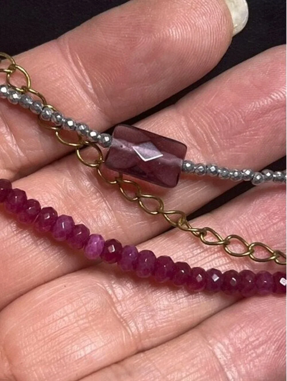 B6670 Red Spinel Pearl Multi-Strand Layered Necklace Gold tone silvertone 32